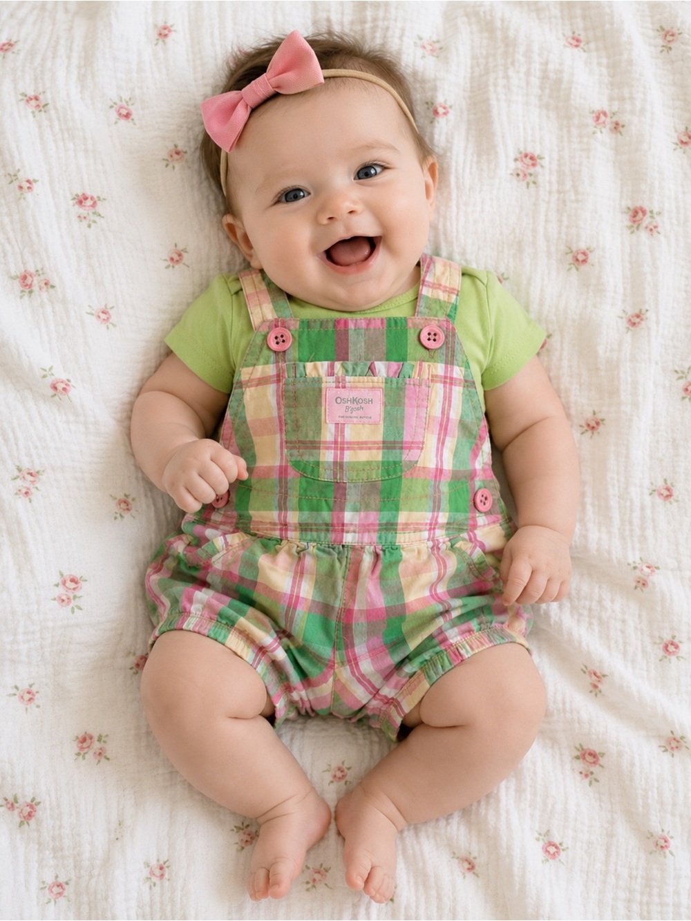 OshKosh B'gosh Pink, Green & Yellow Plaid Shortall with Green Bodysuit